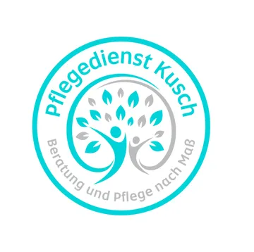 Logo des Ambulanten Pflegedienstes Kusch: ein türkis-grauer Baum aus zwei stilisierten Menschen, umrahmt vom Schriftzug „Beratung und Pflege nach Maß“.